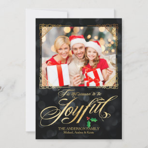 Elegant Gold Joyful Black Bokeh Photo Christmas Holiday Card
