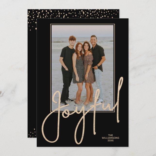 Elegant Gold JOYFUL Script Black Photo Christmas Holiday Card (Front/Back)