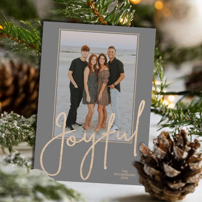 Elegant Gold JOYFUL Script on Grey Photo Christmas Holiday Card (Elegant Gold JOYFUL Script on grey photo Christmas holiday cards, PRINTED and/or INSTANT DOWNLOAD)