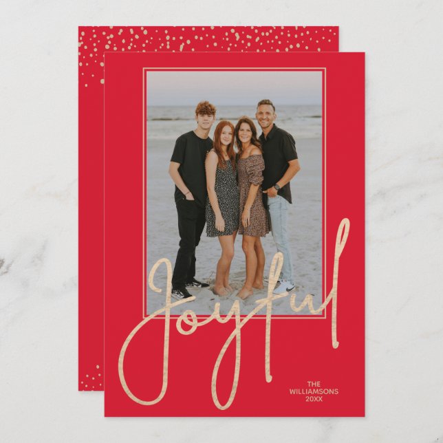 Elegant Gold JOYFUL Script on Red Photo Christmas Holiday Card (Front/Back)
