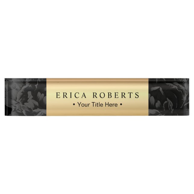 Elegant Gold Label Classy Black Floral Nameplate (Front)