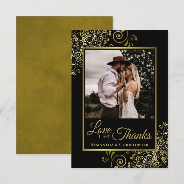 Elegant Gold Lace & Black Love & Thanks Wedding Thank You Card (Front/Back)