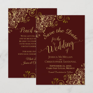 Elegant Gold Lace Filigree on Burgundy Wedding Save The Date