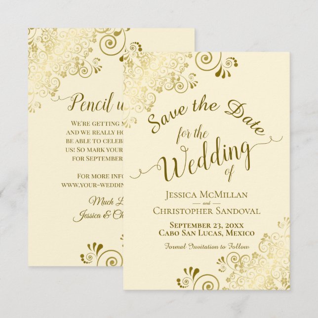 Elegant Gold Lace Filigree on Ivory Cream Wedding Save The Date (Front/Back)