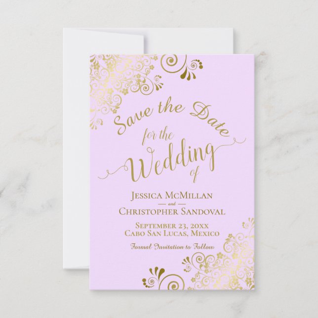 Elegant Gold Lace Filigree on Lilac Purple Wedding Save The Date (Front)