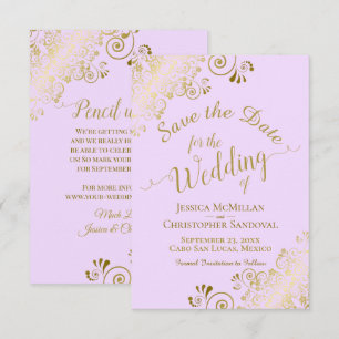 Elegant Gold Lace Filigree on Lilac Purple Wedding Save The Date