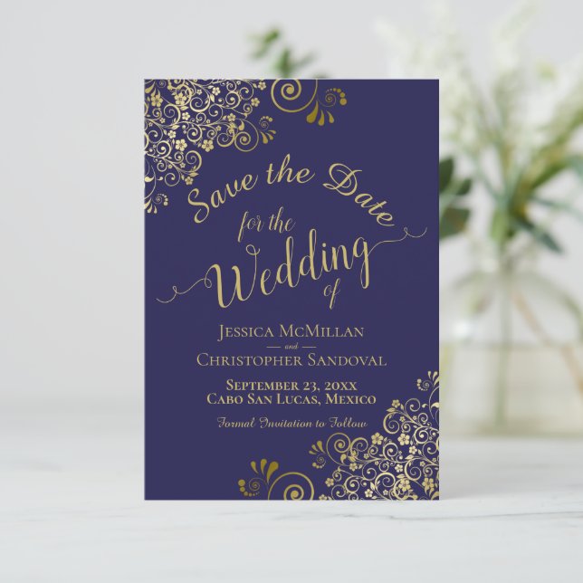 Elegant Gold Lace Filigree on Navy Blue Wedding Save The Date (Standing Front)