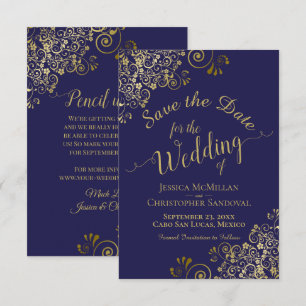 Elegant Gold Lace Filigree on Navy Blue Wedding Save The Date