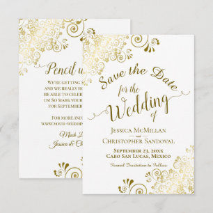 Elegant Gold Lace Filigree on White Wedding Save The Date