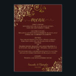 Elegant Gold Lace Frills Auburn Brown Wedding Menu<br><div class="desc">This beautiful wedding menu is simple,  elegant,  sophisticated and stylish. It features an elegant chocolate brown or auburn coloured design with lacy gold script calligraphy and delicate golden curls and swirls in the corners. The back is a beautiful marbled gold colour.</div>