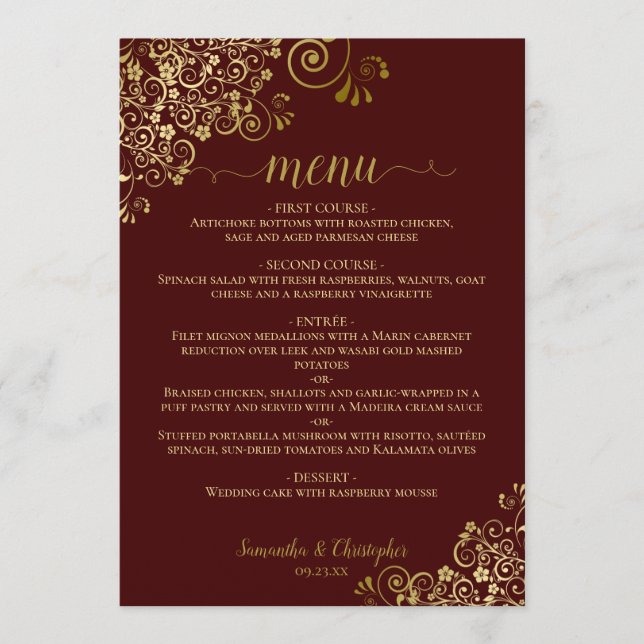 Elegant Gold Lace Frills Auburn Brown Wedding Menu (Front)