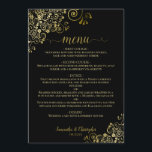 Elegant Gold Lace Frills on Classy Black Wedding Menu<br><div class="desc">This beautiful wedding menu is simple,  elegant,  sophisticated and stylish. It features an elegant black design with lacy gold script calligraphy and delicate golden curls and swirls in the corners. The back is a beautiful marbled gold colour.</div>