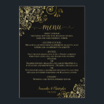 Elegant Gold Lace Frills on Classy Black Wedding Menu<br><div class="desc">This beautiful wedding menu is simple,  elegant,  sophisticated and stylish. It features an elegant black design with lacy gold script calligraphy and delicate golden curls and swirls in the corners. The back is a beautiful marbled gold colour.</div>