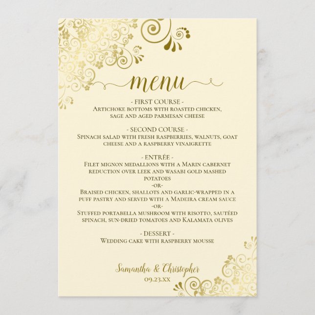 Elegant Gold Lace Frills on Ivory Cream Wedding Menu (Front)