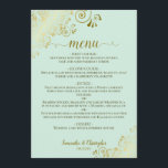 Elegant Gold Lace Frills on Mint Green Wedding Menu<br><div class="desc">This beautiful wedding menu is simple,  elegant,  sophisticated and stylish. It features a beautiful neo mint green design with lacy gold script calligraphy and delicate golden curls and swirls in the corners. The back is a beautiful marbled gold colour.</div>