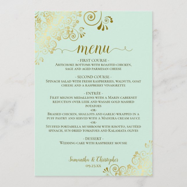 Elegant Gold Lace Frills on Mint Green Wedding Menu (Front)