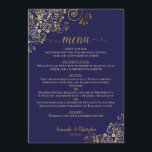 Elegant Gold Lace Frills on Navy Blue Wedding Menu<br><div class="desc">This beautiful wedding menu is simple,  elegant,  sophisticated and stylish. It features an elegant navy blue design with lacy gold script calligraphy and delicate golden curls and swirls in the corners. The back is a beautiful marbled gold colour.</div>