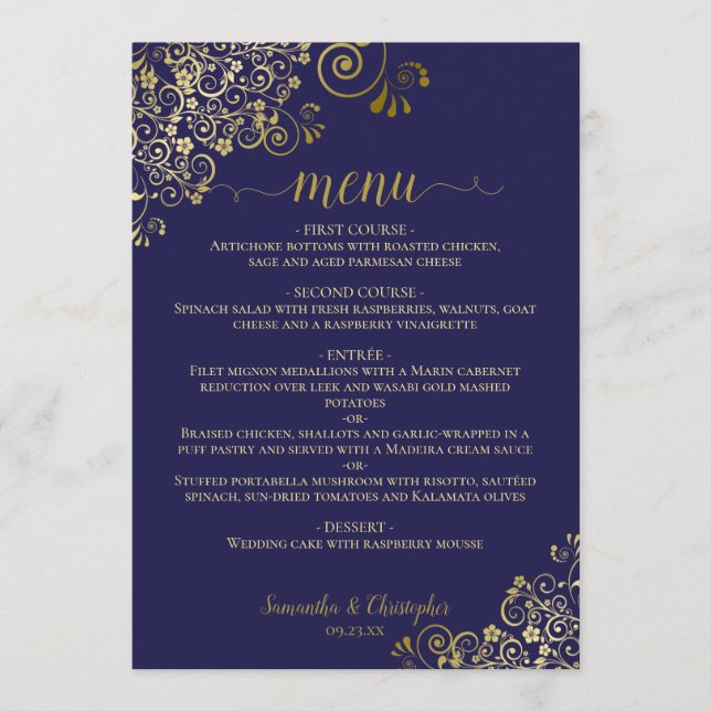 Elegant Gold Lace Frills on Navy Blue Wedding Menu (Front)