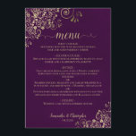 Elegant Gold Lace Frills on Plum Purple Wedding Menu<br><div class="desc">This beautiful wedding menu is simple,  elegant,  sophisticated and stylish. It features an elegant plum purple design with lacy gold script calligraphy and delicate golden curls and swirls in the corners. The background features a marbled texture.</div>