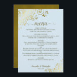 Elegant Gold Lace Frills on Powder Blue Wedding Me Menu<br><div class="desc">This beautiful wedding menu is simple,  elegant,  sophisticated and stylish. It features a beautiful powder blue coloured design with lacy gold script calligraphy and delicate golden curls and swirls in the corners. The back is a beautiful marbled gold colour.</div>