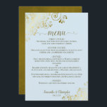 Elegant Gold Lace Frills on Powder Blue Wedding Me Menu<br><div class="desc">This beautiful wedding menu is simple,  elegant,  sophisticated and stylish. It features a beautiful powder blue coloured design with lacy gold script calligraphy and delicate golden curls and swirls in the corners. The back is a beautiful marbled gold colour.</div>