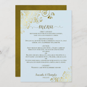 Elegant Gold Lace Frills on Powder Blue Wedding Me Menu