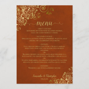 Elegant Gold Lace Frills on Rust Orange Wedding Menu