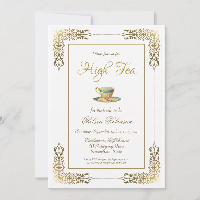 Elegant Gold Lace High Tea Bridal Shower Invitation (Front)