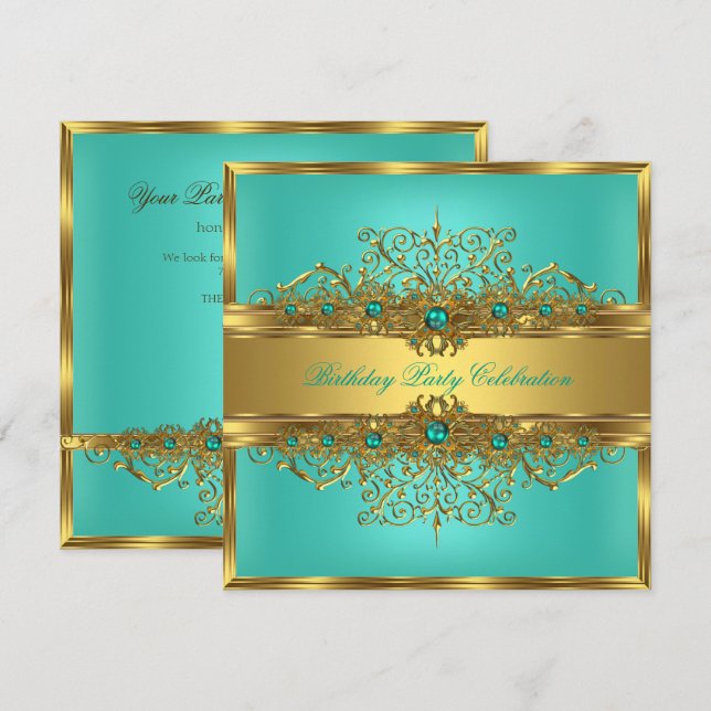Elegant Gold Lace Jade Green Teal Pearls Party Invitation (Front/Back)
