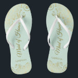 Elegant Gold Lace Maid of Honour Mint Green Weddin Flip Flops<br><div class="desc">These beautiful wedding flip flops are a great way to thank and recognise your Maid of Honour while saving her feet at the same time. Features an elegant design with golden lace frills on a pale neo mint green coloured background and fancy gold coloured script lettering. The test reads Maid...</div>