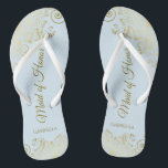 Elegant Gold Lace Maid of Honour Pale Blue Wedding Flip Flops<br><div class="desc">These beautiful wedding flip flops are a great way to thank and recognise your Maid of Honour while saving her feet at the same time. Features an elegant design with golden lace frills on a pale powder blue background and fancy gold coloured script lettering. The test reads Maid of Honour...</div>