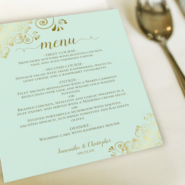 Elegant Gold Lace Mint Green Budget Wedding Menu (Creator Uploaded)