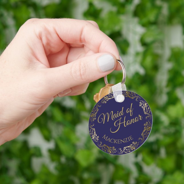 Elegant Gold Lace Navy Blue Maid of Honor Wedding Key Ring (Hand)