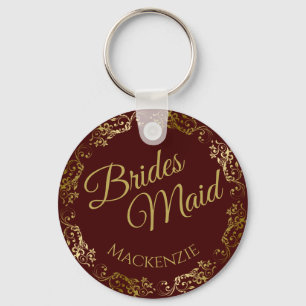 Elegant Gold Lace on Auburn Bridesmaid Wedding Key Ring