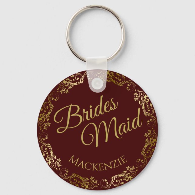 Elegant Gold Lace on Auburn Bridesmaid Wedding Key Ring (Front)
