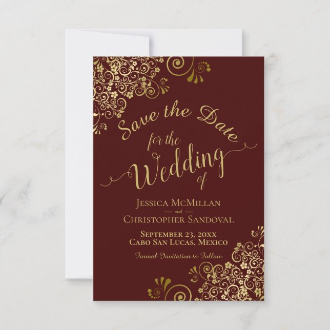Elegant Gold Lace on Auburn Brown Wedding Save The Date (Front)