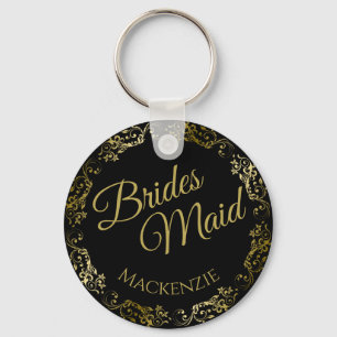 Elegant Gold Lace on Black Bridesmaid Wedding Key Ring