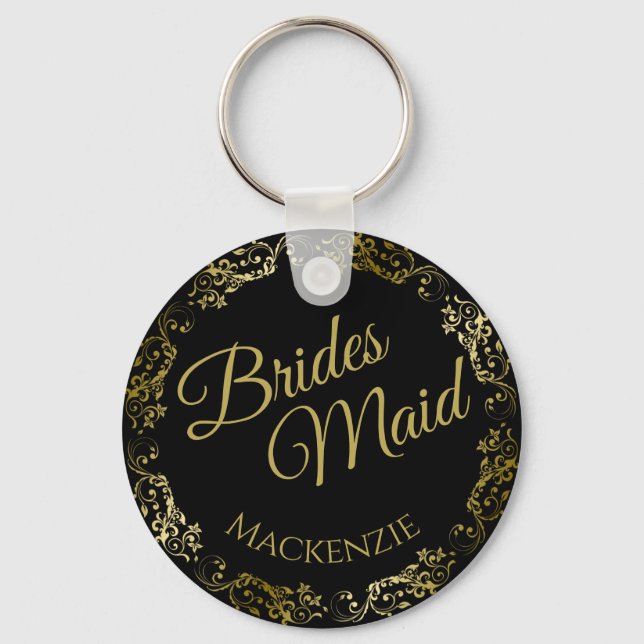 Elegant Gold Lace on Black Bridesmaid Wedding Key Ring (Front)