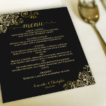 Elegant Gold Lace on Black Budget Wedding Menu<br><div class="desc">These beautiful wedding menus are simple,  elegant,  and stylish while still being budget friendly and affordable. They feature a classy and glamorous design with golden faux foil lace and script calligraphy on a black background. The back is a beautiful marbled gold color.</div>