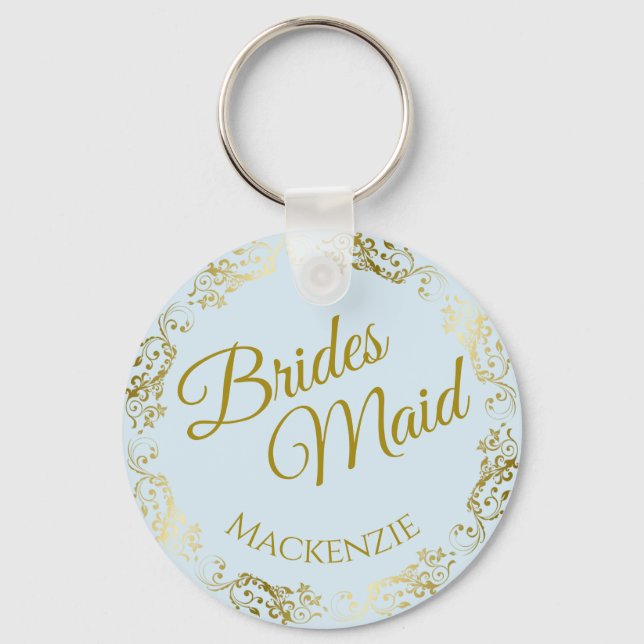 Elegant Gold Lace on Blue Bridesmaid Wedding Key Ring (Front)
