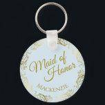 Elegant Gold Lace on Blue Maid of Honour Wedding Key Ring<br><div class="desc">This beautiful key chain is designed as a wedding gift or favour for the Maid of Honour. It features an elegant pale powder blue coloured design with a gold faux foil flourish border and the text "Maid of Honour" as well as a place to enter her name, the couple's name,...</div>