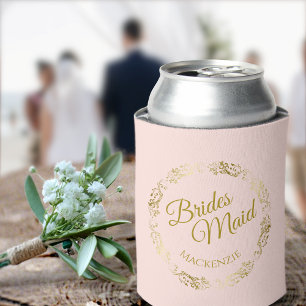 Elegant Gold Lace on Blush Pink Bridesmaid Wedding Can Cooler