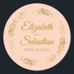 Elegant Gold Lace on Coral Peach Wedding Favour Classic Round Sticker<br><div class="desc">These beautiful stickers are feature gold text on a coral peach or pale orange background with a gold faux foil floral border. The text is fully customisable and contains the wedding couple's names and wedding date. Great as favour tags!</div>