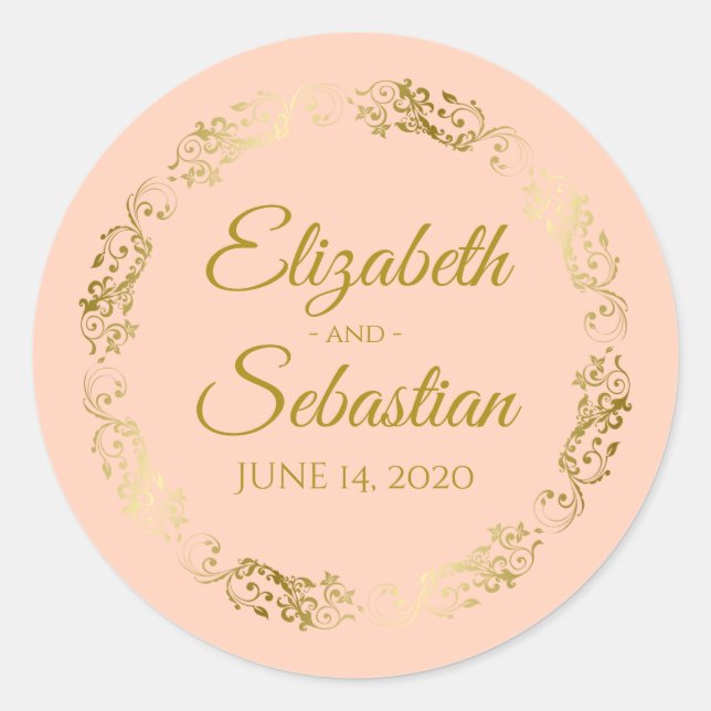 Elegant Gold Lace on Coral Peach Wedding Favour Classic Round Sticker (Front)
