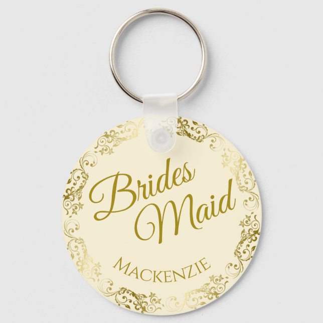 Elegant Gold Lace on Cream Bridesmaid Wedding Key Ring (Front)