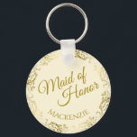 Elegant Gold Lace on Cream Maid of Honour Wedding Key Ring<br><div class="desc">This beautiful key chain is designed as a wedding gift or favour for the Maid of Honour. It features an elegant ivory or cream coloured design with a gold faux foil flourish border and the text "Maid of Honour" as well as a place to enter her name, the couple's name,...</div>