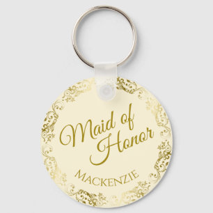 Elegant Gold Lace on Cream Maid of Honour Wedding Key Ring