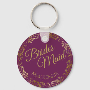 Elegant Gold Lace on Magenta Bridesmaid Wedding Key Ring