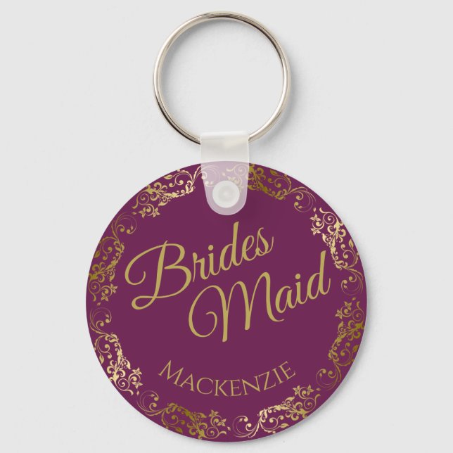 Elegant Gold Lace on Magenta Bridesmaid Wedding Key Ring (Front)
