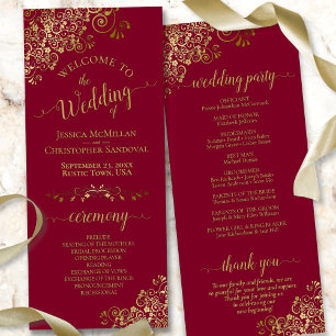 Elegant Gold Lace on Maroon Burgundy Wedding Programme